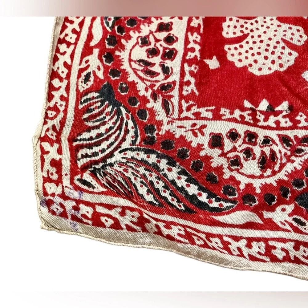 Vintage Handwoven Pure Silk Pocket Square Scarf Red Bandana Print Made in India